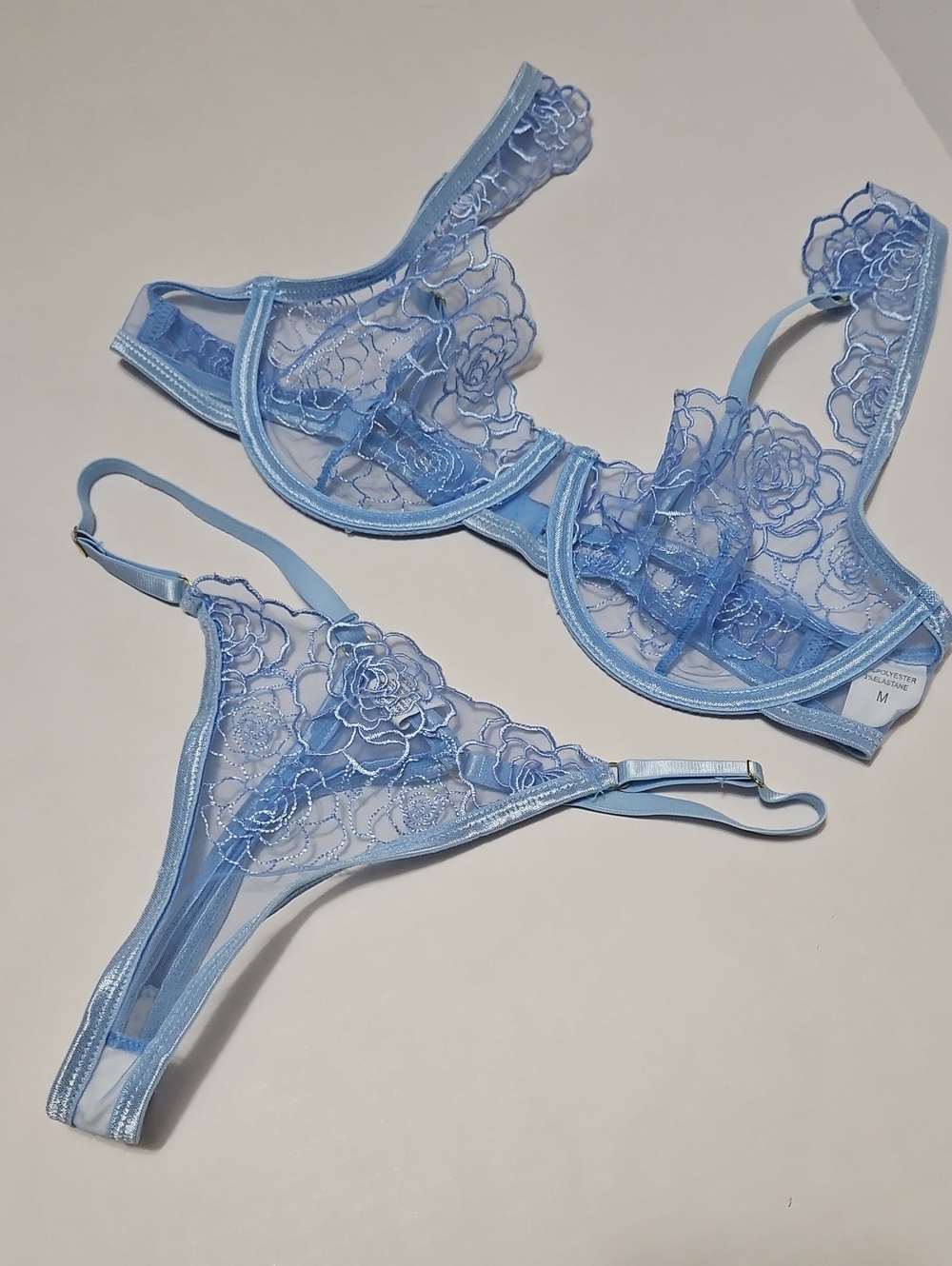 Sheer Floral Lace Underwire Bra & Thong Set - Light Blue Size M